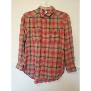 Anthropologie Pilcro Seamed Plaid Button Down Tunic Top Pink Orange Women Sz XSP